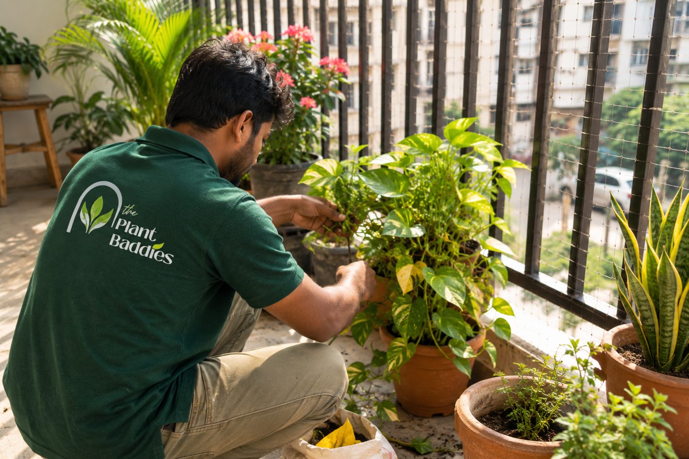 Plant Baddies gardener pruning plants on a balcony