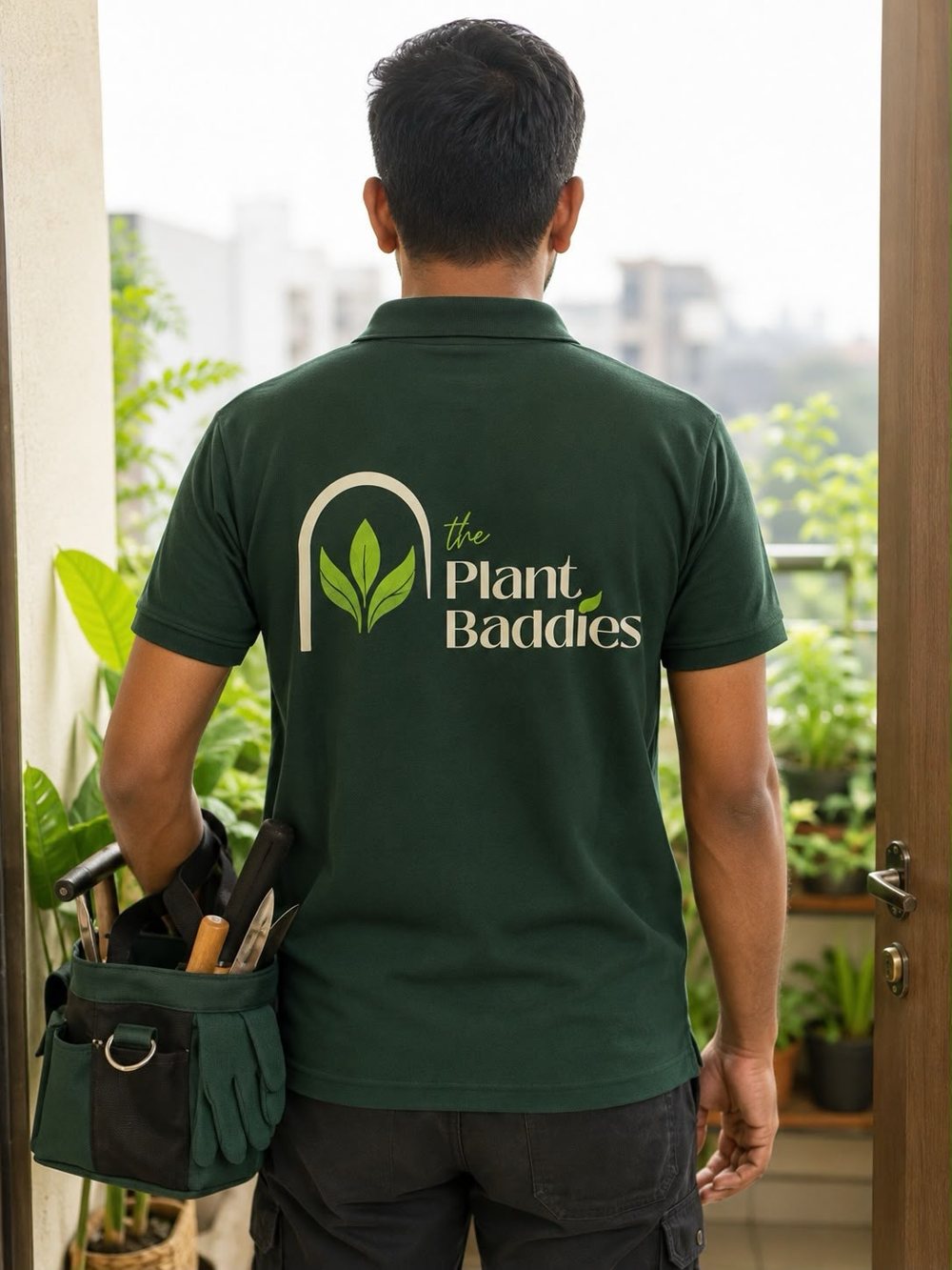 A Plant Baddies gardener in a green polo with tool bag, looking out over a balcony garden